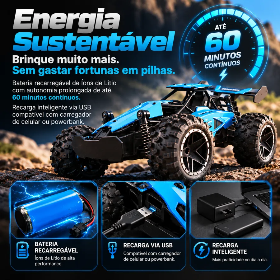 Energia sustentável – bateria recarregável de até 60 minutos